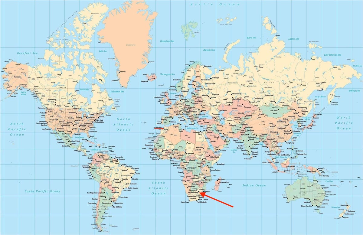 约翰内斯堡(Joburg Jozi)在世界地图上的位置