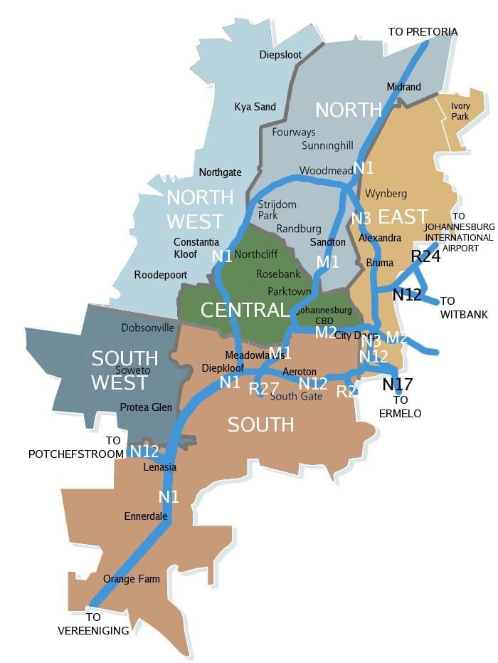 约翰内斯堡(Joburg Jozi)附近的地图