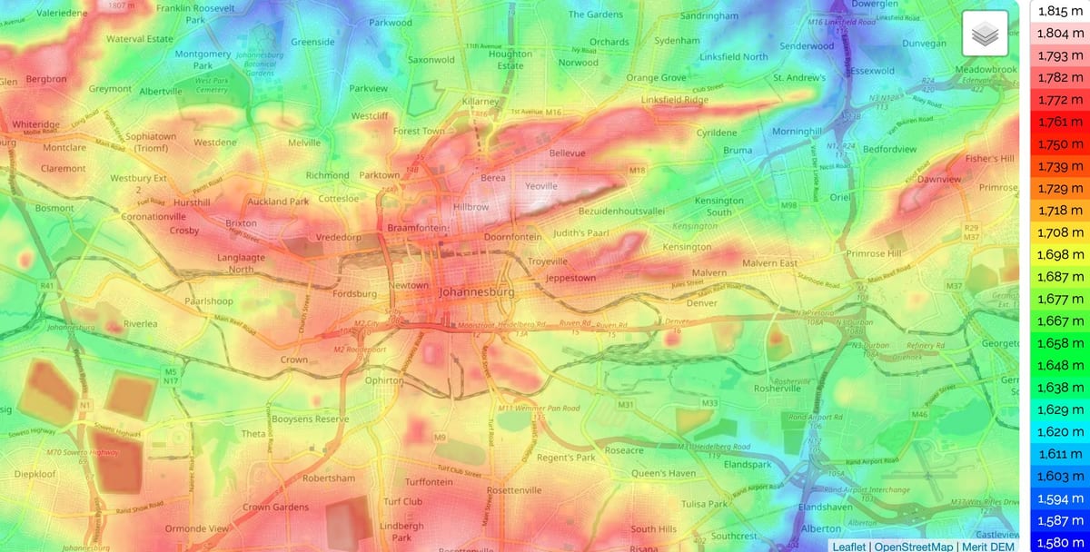 约翰内斯堡(Joburg Jozi)的海拔地图